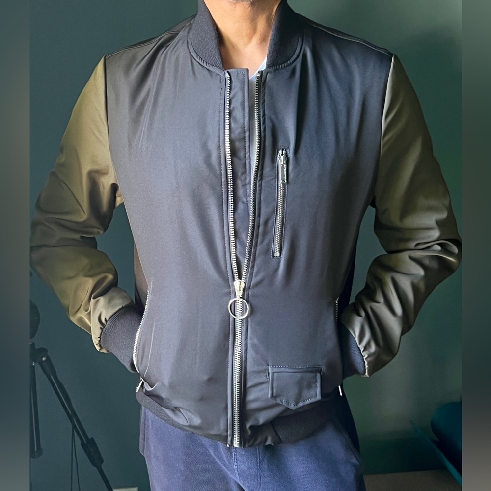 KARL LAGERFELD bomber jacket, black w/ olive sleeves, Small, worn once.